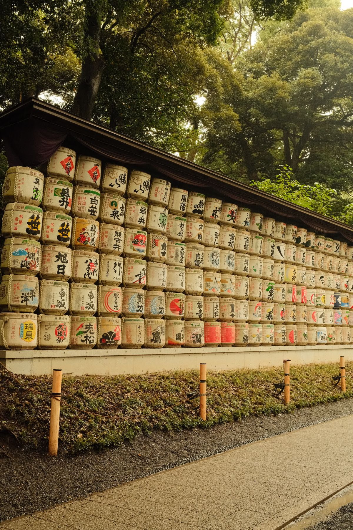 木立の下にずらりと並ぶ酒蔵の菰樽